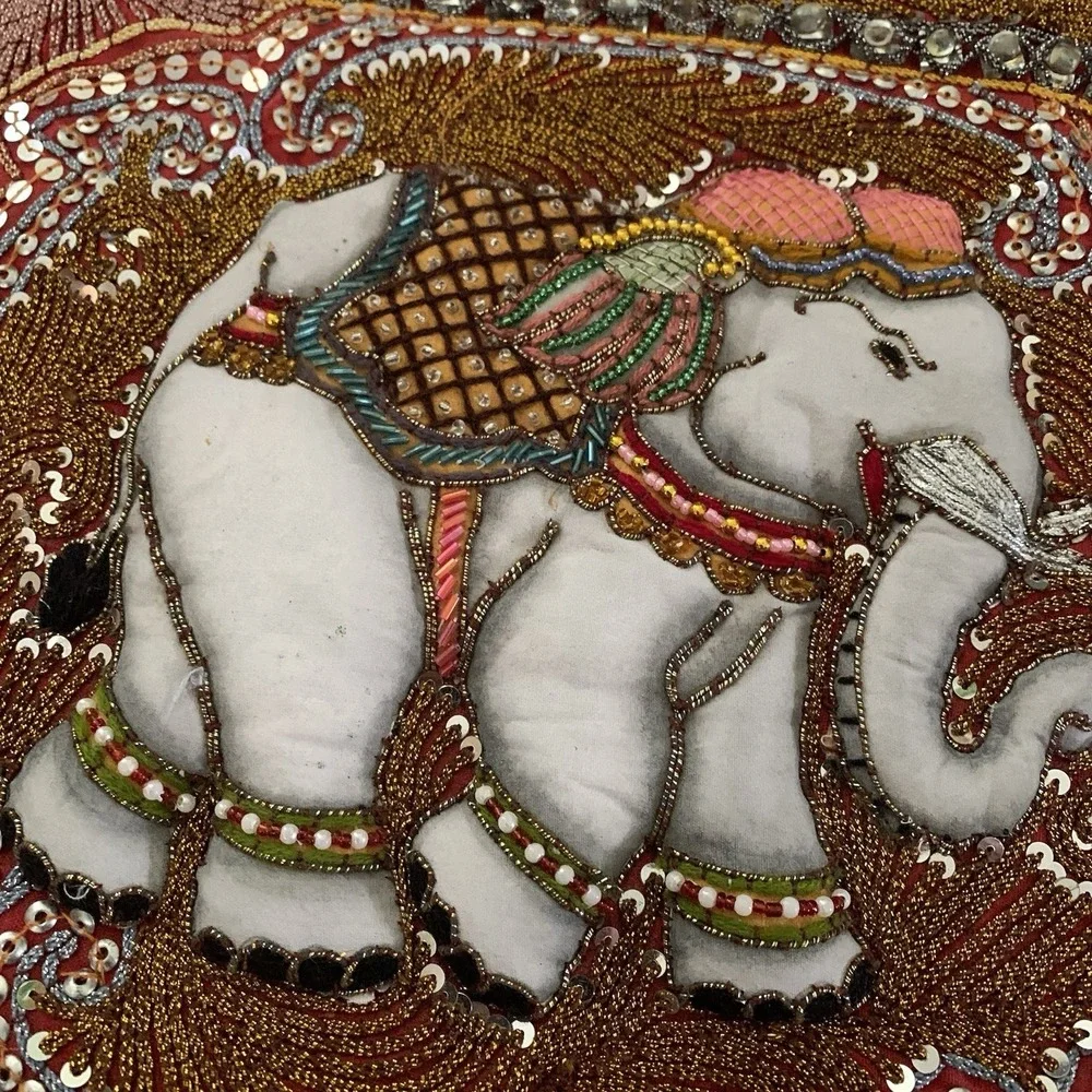 Vtg‎ Thai Burmese Kalaga Elephant Tapestry Embroidered Hand Made Beads Large
